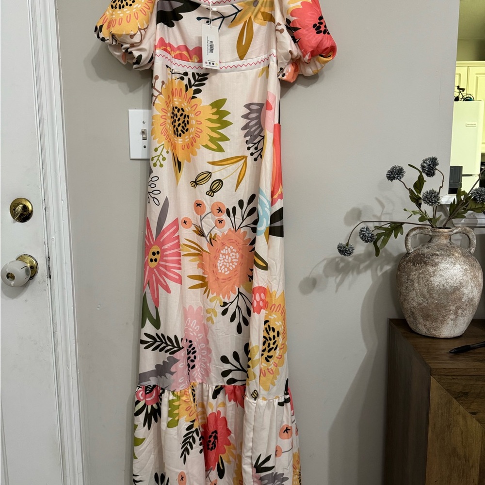 SWANK NWT Rachel Square Neck Floral Maxi Dress Puff Sleeve XL